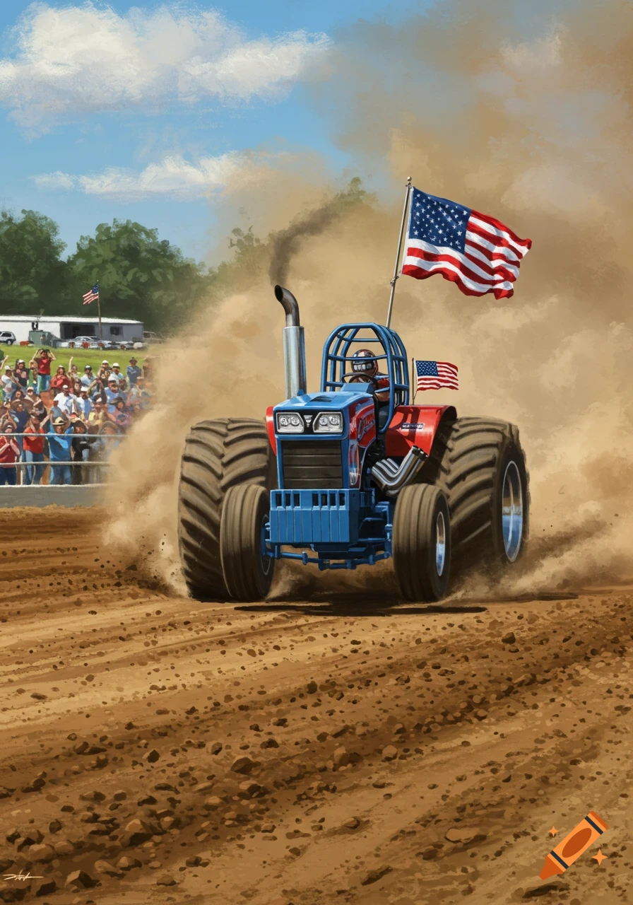 A powerful blue and red tractor with an American flag pulls through a cloud of dust at a tractor pulling competition, with a crowd watching.