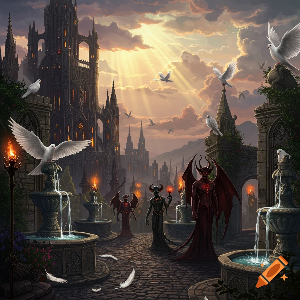 Gothic castle at sunset with sun rays, surrounded by fountains, white doves, and demon figures in the courtyard.