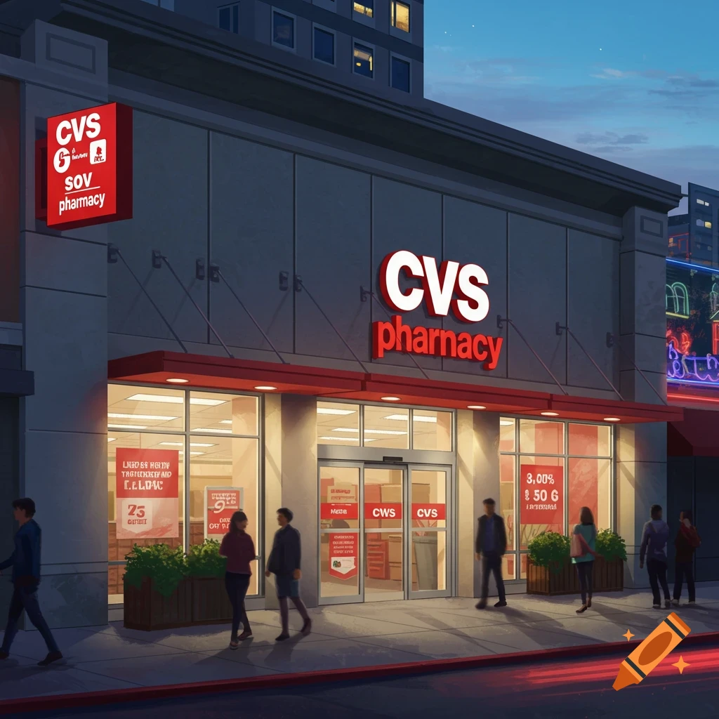 Digital painting of a CVS Pharmacy building at dusk with people walking on the sidewalk.