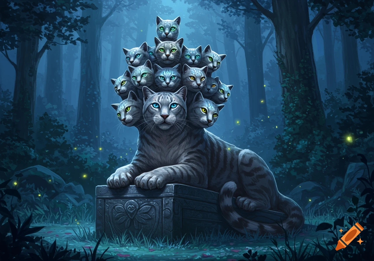 A giant grey tabby cat with fourteen heads and glowing eyes rests on a stone block in a dark, mystical forest with fireflies.