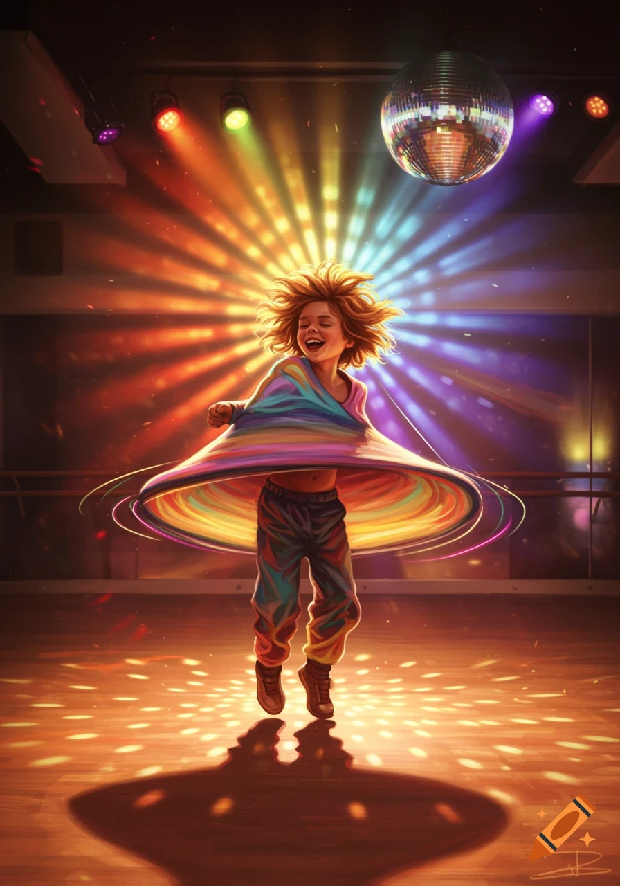 A happy child with a rainbow shirt dances under a disco ball with colorful lights on a disco floor.