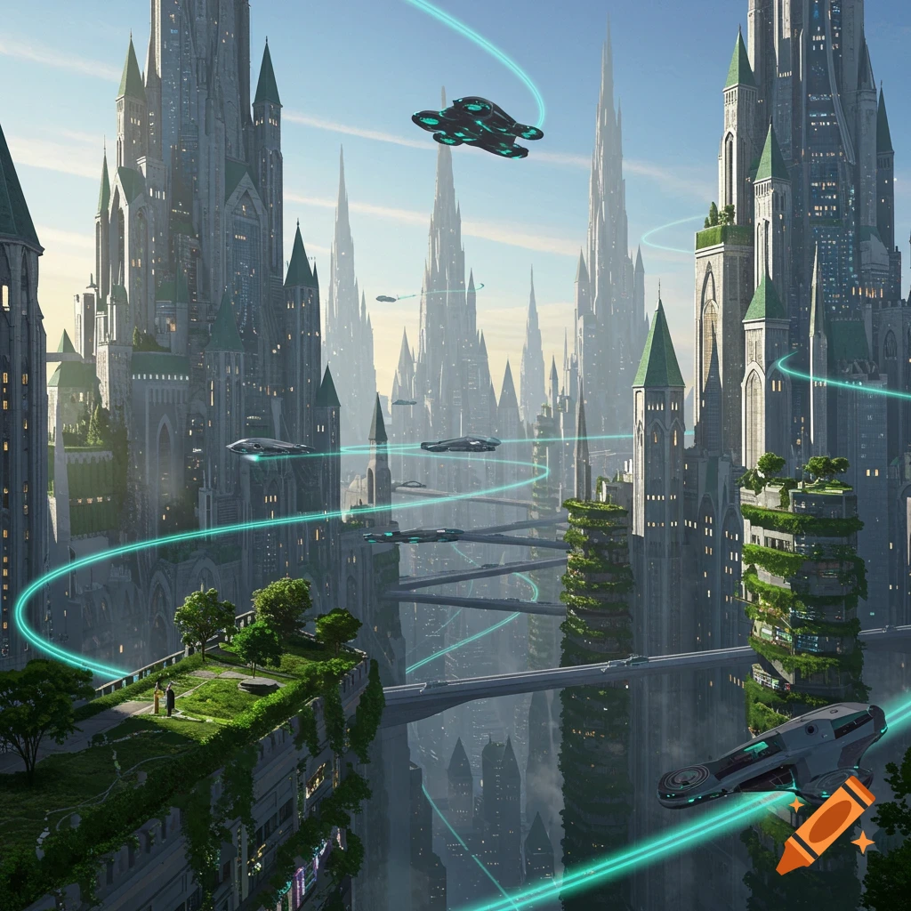 A highly detailed, photorealistic image of a futuristic city with towering castle-like skyscrapers, flying vehicles, and green terraces.