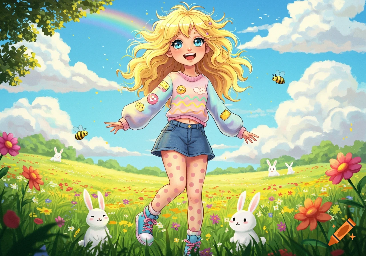 A cheerful blond cartoon girl stands in a vibrant field with flowers, bunnies, and bees under a rainbow and blue sky, in anime style.