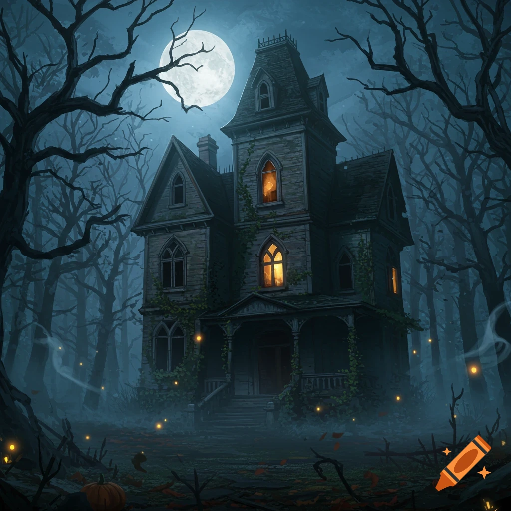 Abandoned haunted house in a spooky, misty forest under a full moon, with glowing windows and a pumpkin.
