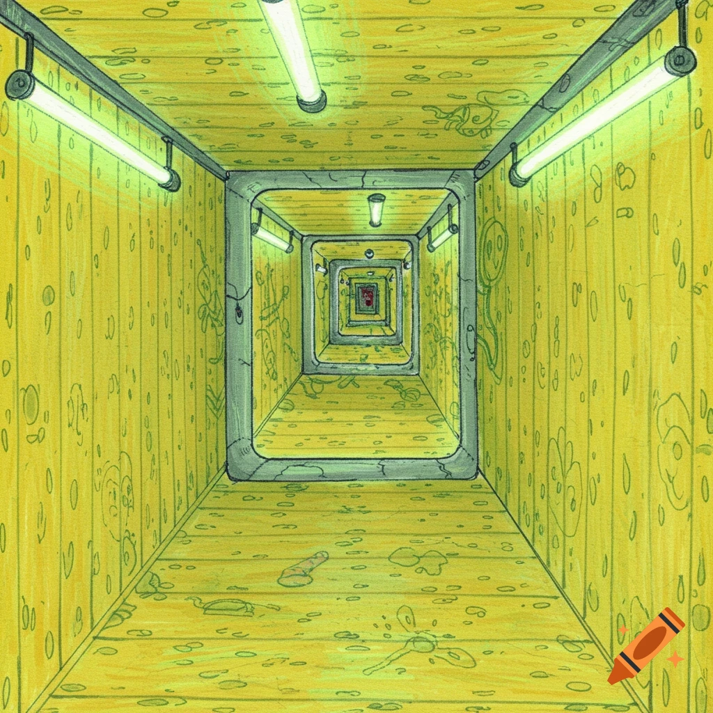 A cartoon kids drawing of an endless, yellow, grungy corridor, resembling the Backrooms, with abstract scribbles on walls and floor.