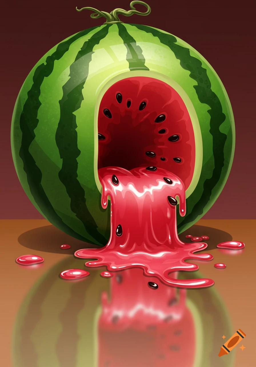 Cartoon image of a green watermelon with a large hole, oozing red liquid and seeds onto a reflective surface.