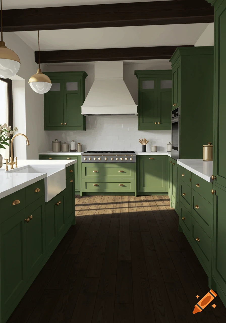 A photorealistic kitchen with green cabinets, white countertops, dark wood floors, and exposed dark wood ceiling beams.