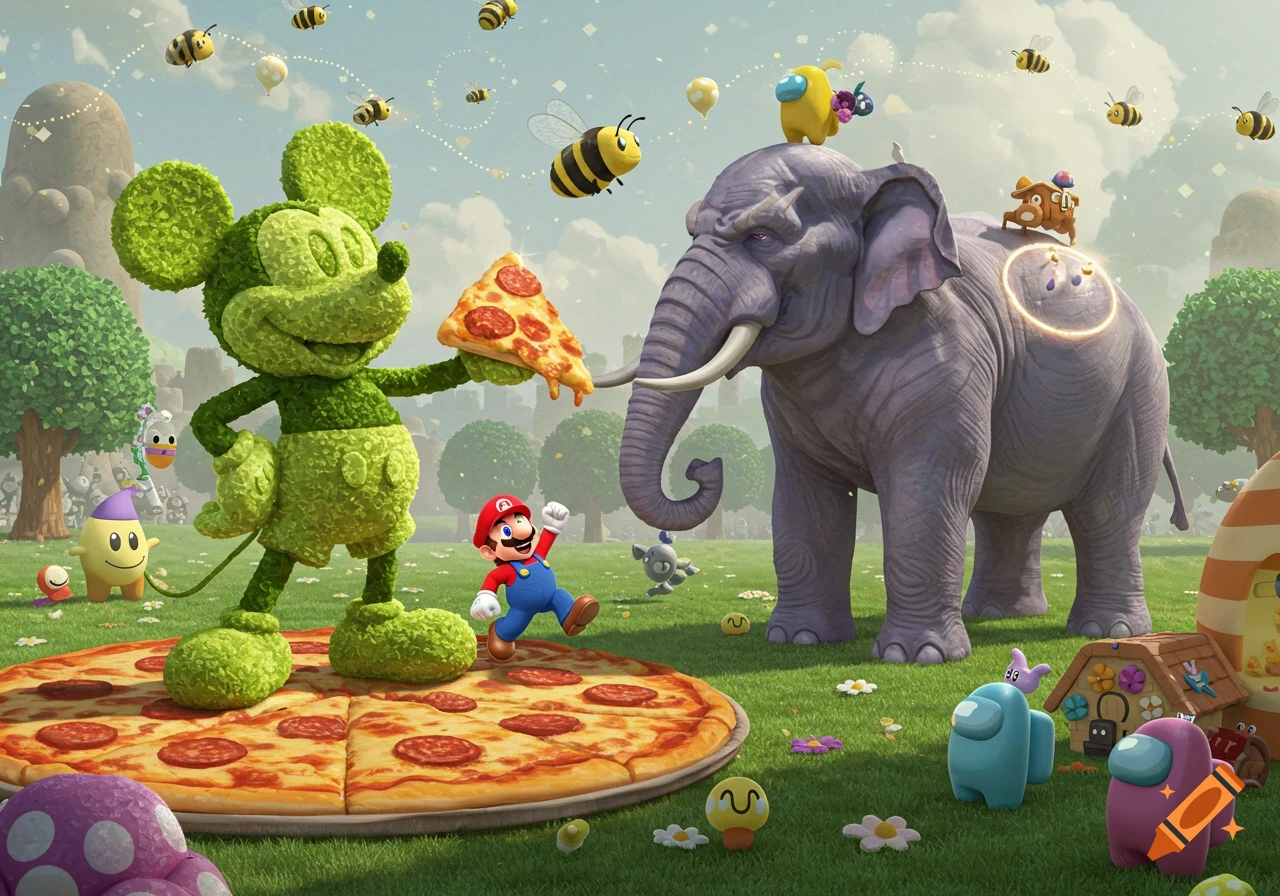 Green, fuzzy Mickey Mouse holding pizza on a giant pizza, with Mario, an elephant, Among Us characters, and bees in a surreal grassy landscape.