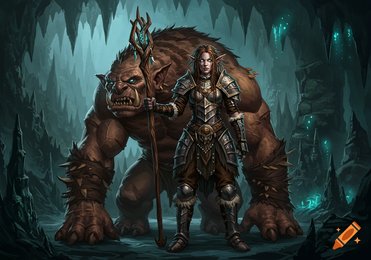 An armored female fantasy warrior with a staff stands with her fierce, large cave troll companion in a dark, glowing cave, digital art.