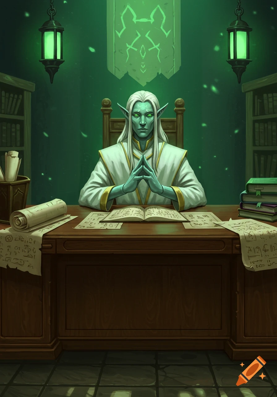 A green-skinned, white-haired elf-like figure in a white robe sits at a desk covered in papers and an open book, in a green-lit room.