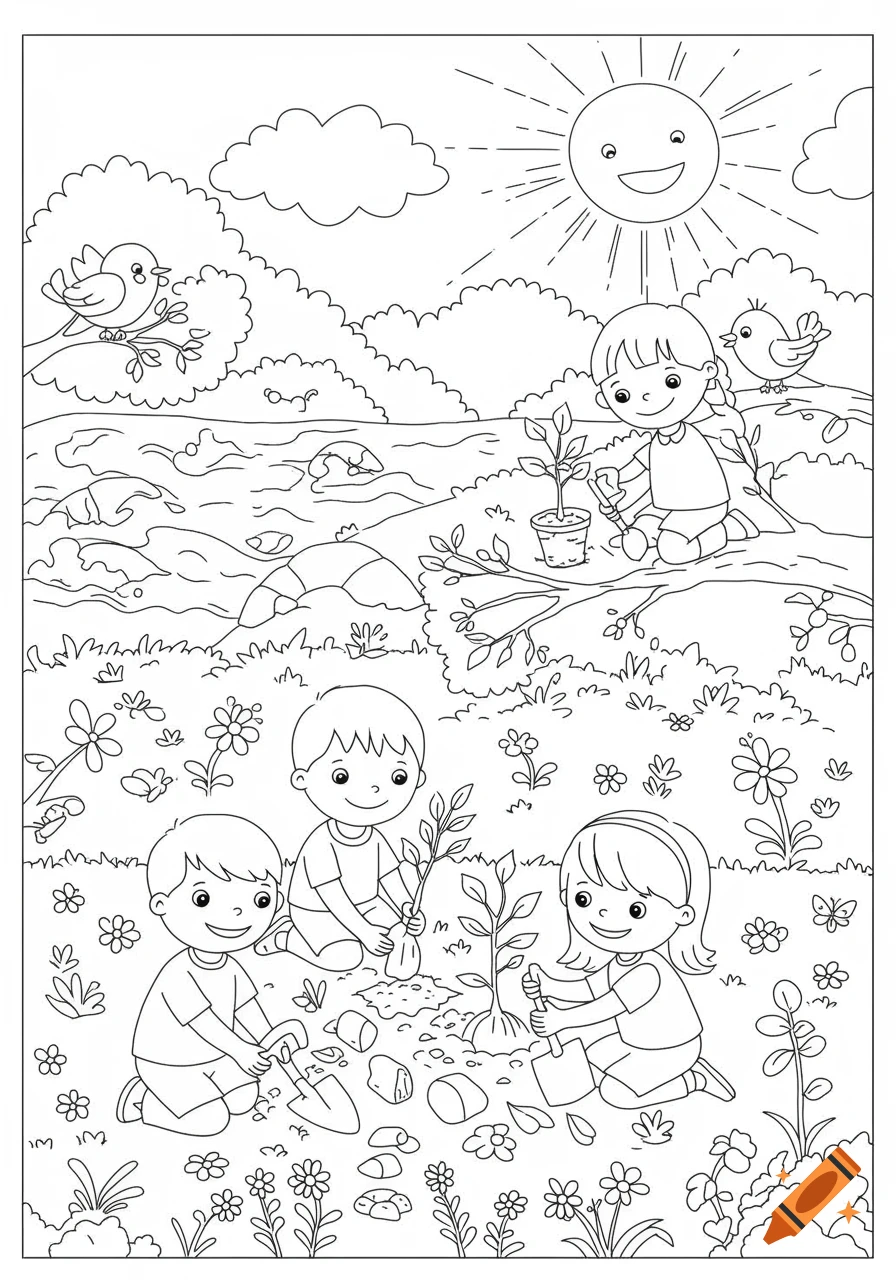 Black and white line drawing of children planting trees in a sunny field with birds and flowers, designed as a coloring page.