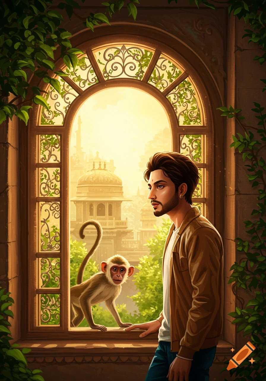 An illustrated man and a monkey by an ornate window overlooking a city with traditional Indian architecture.