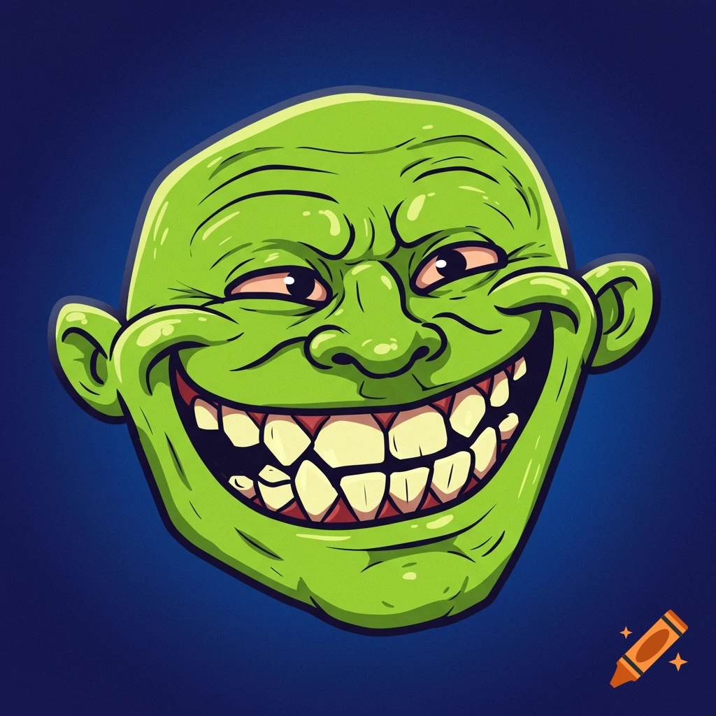 A vibrant green troll face illustration with a wide, mischievous grin and many teeth, set against a dark blue background.