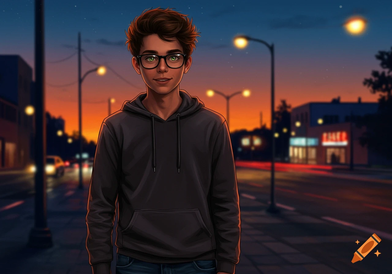An anime-style teenage boy with green eyes, glasses, and dark brown hair, wearing a black hoodie, stands on a city street at dusk.