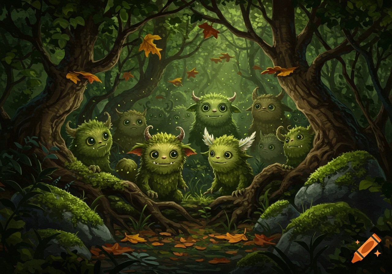 Illustrative fantasy art of cute, green, furry horned forest creatures with big eyes peeking from mossy logs.