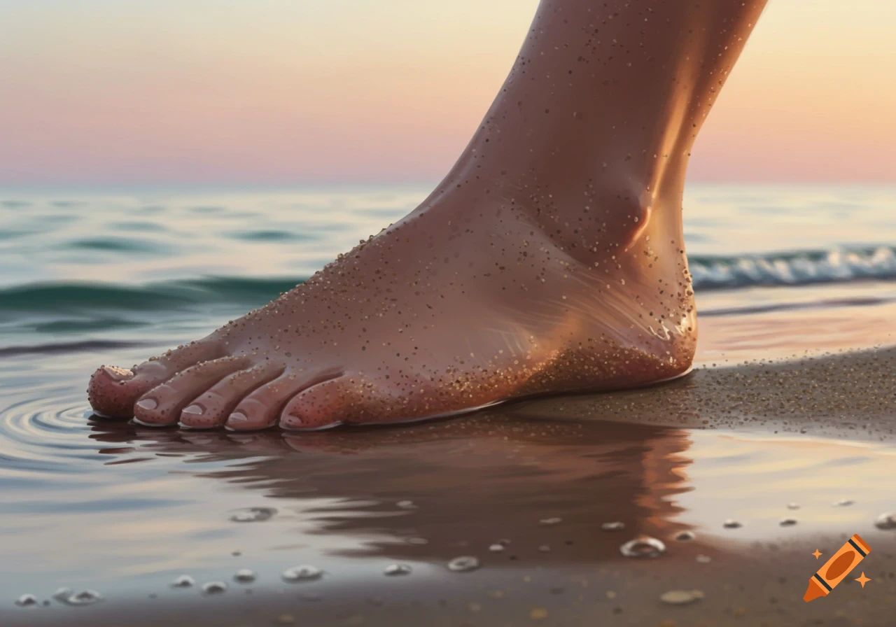 A photorealistic close-up of a bare foot standing in shallow water on a sandy beach at sunset.