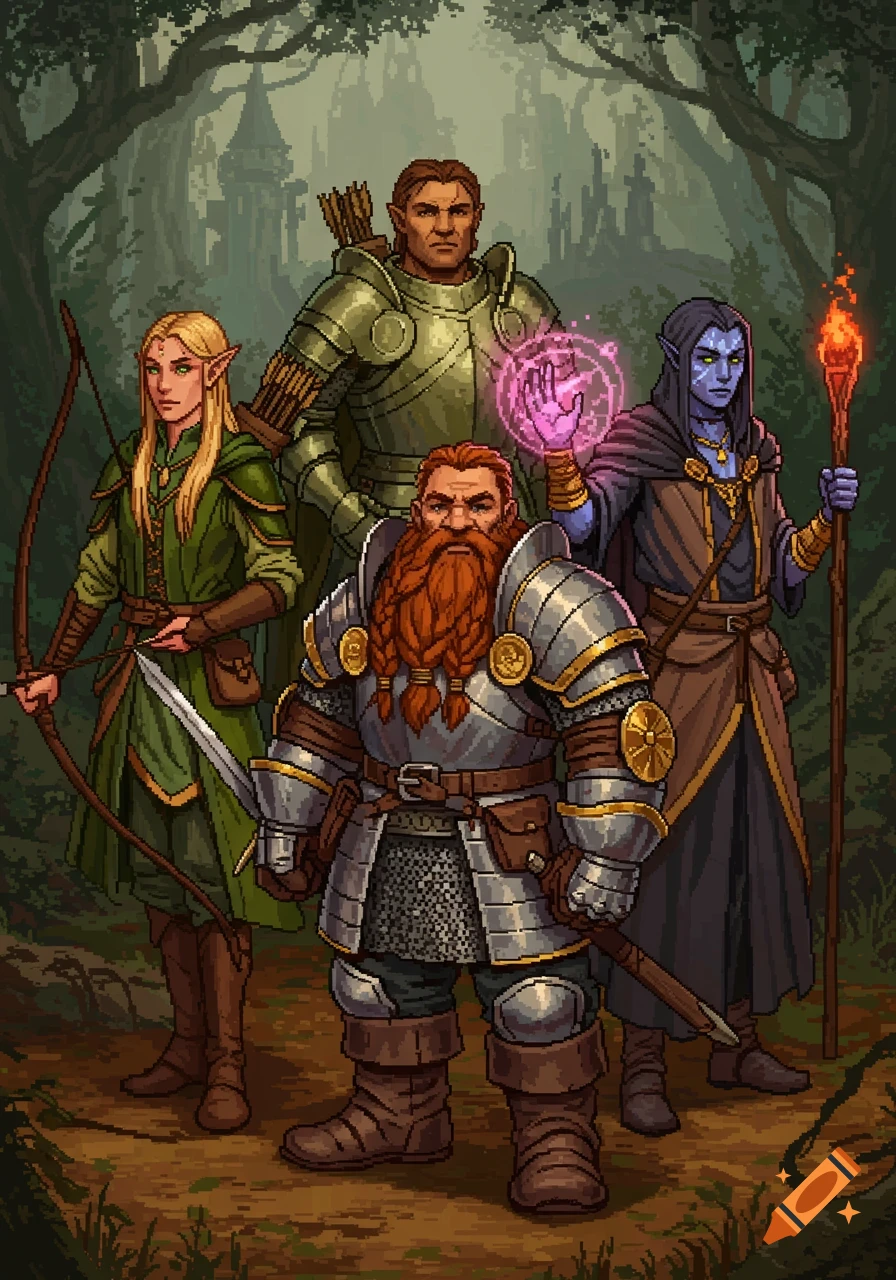 Pixel art of a fantasy party: an elf archer, human warrior, dwarf in armor, and dark elf wizard in a forest with a castle.