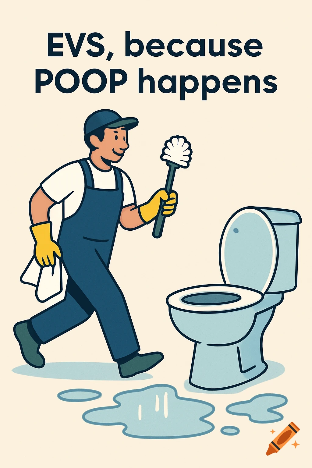 Cartoon illustration of a cleaner with a brush and rag near a toilet. Text: 'EVS, because POOP happens'.