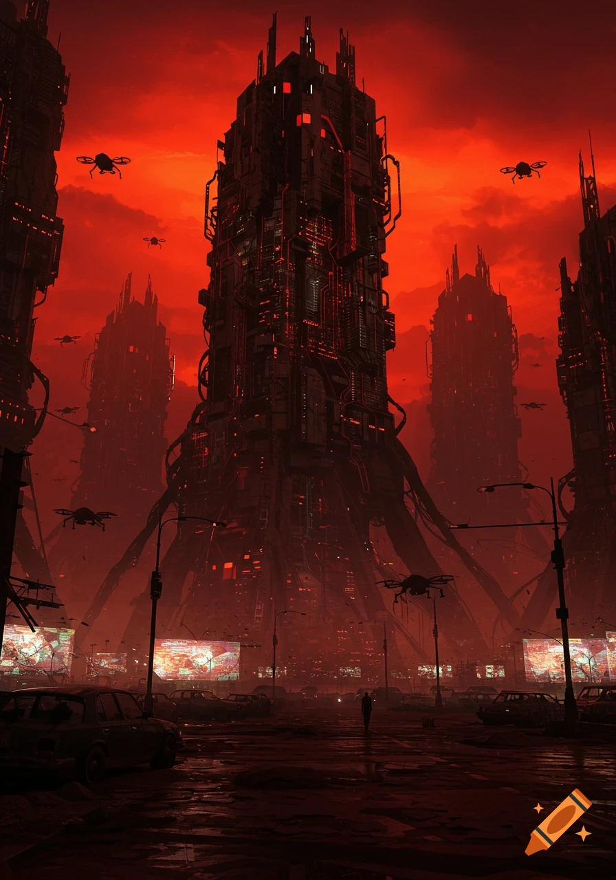 Dystopian cyberpunk city at dusk with towering dark buildings, flying drones, abandoned cars, and a lone figure under a fiery red sky.