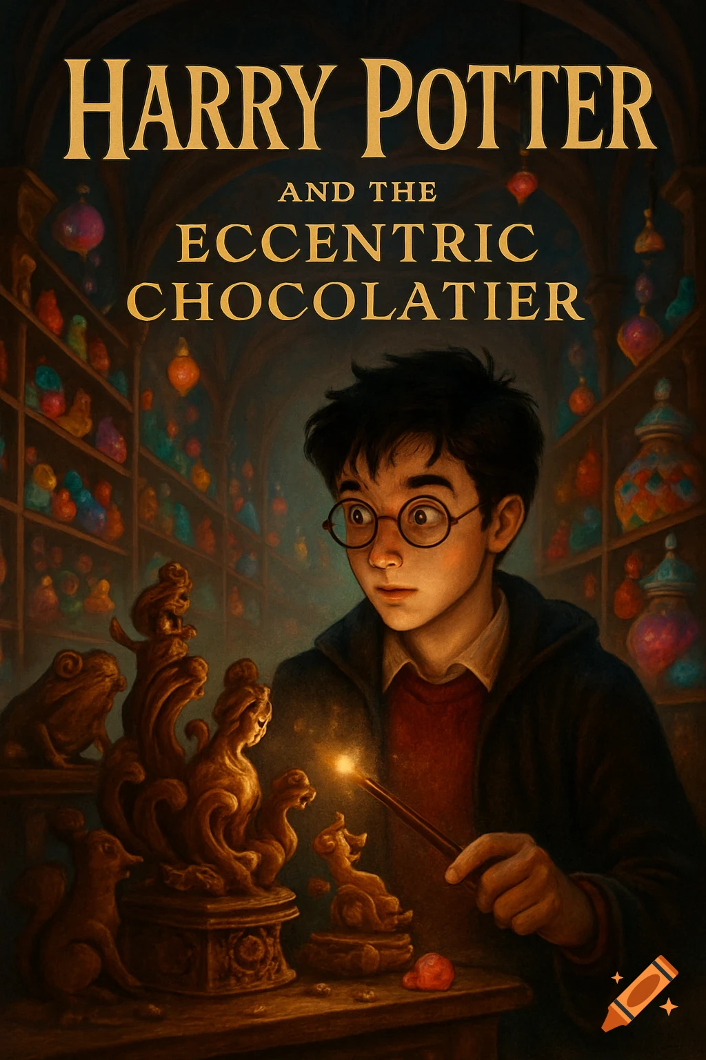 Stylized book cover art showing a young wizard boy (Harry Potter) with a glowing wand looking at chocolate sculptures in a magical shop.