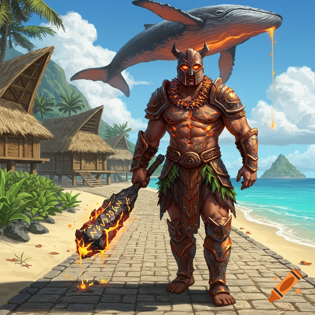 A muscular, armored warrior with glowing eyes holds a lava-dripping club on a tropical beach pathway, with a lava whale above.