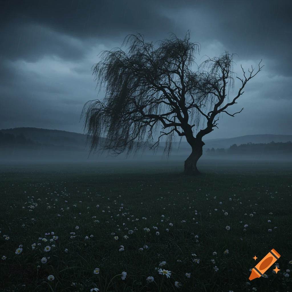 Gloomy landscape with a gnarled tree in a field of white flowers under a rainy, dark sky.