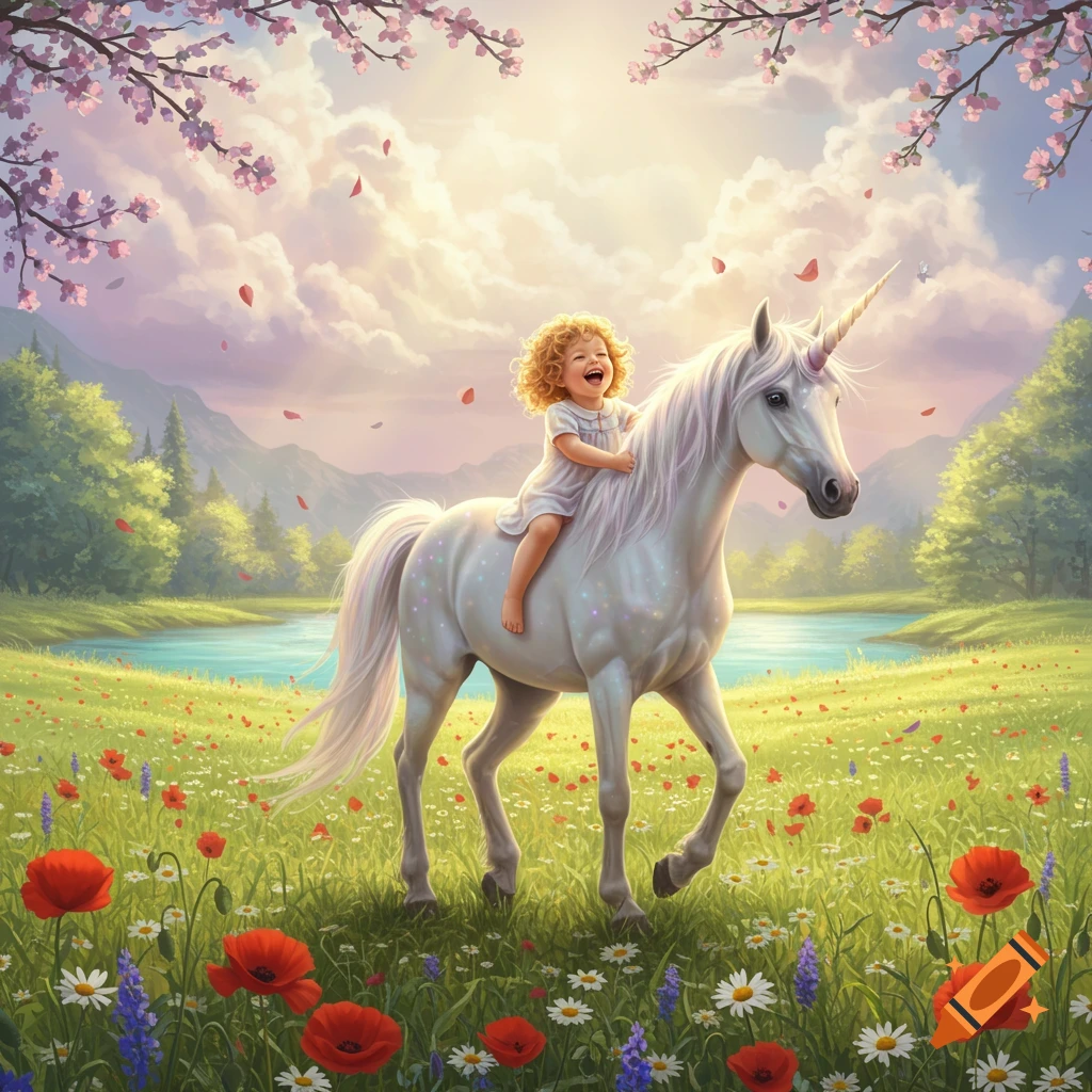 A happy child with curly hair rides a sparkling white unicorn through a vibrant, flower-filled meadow under a magical sky with cherry blossoms.