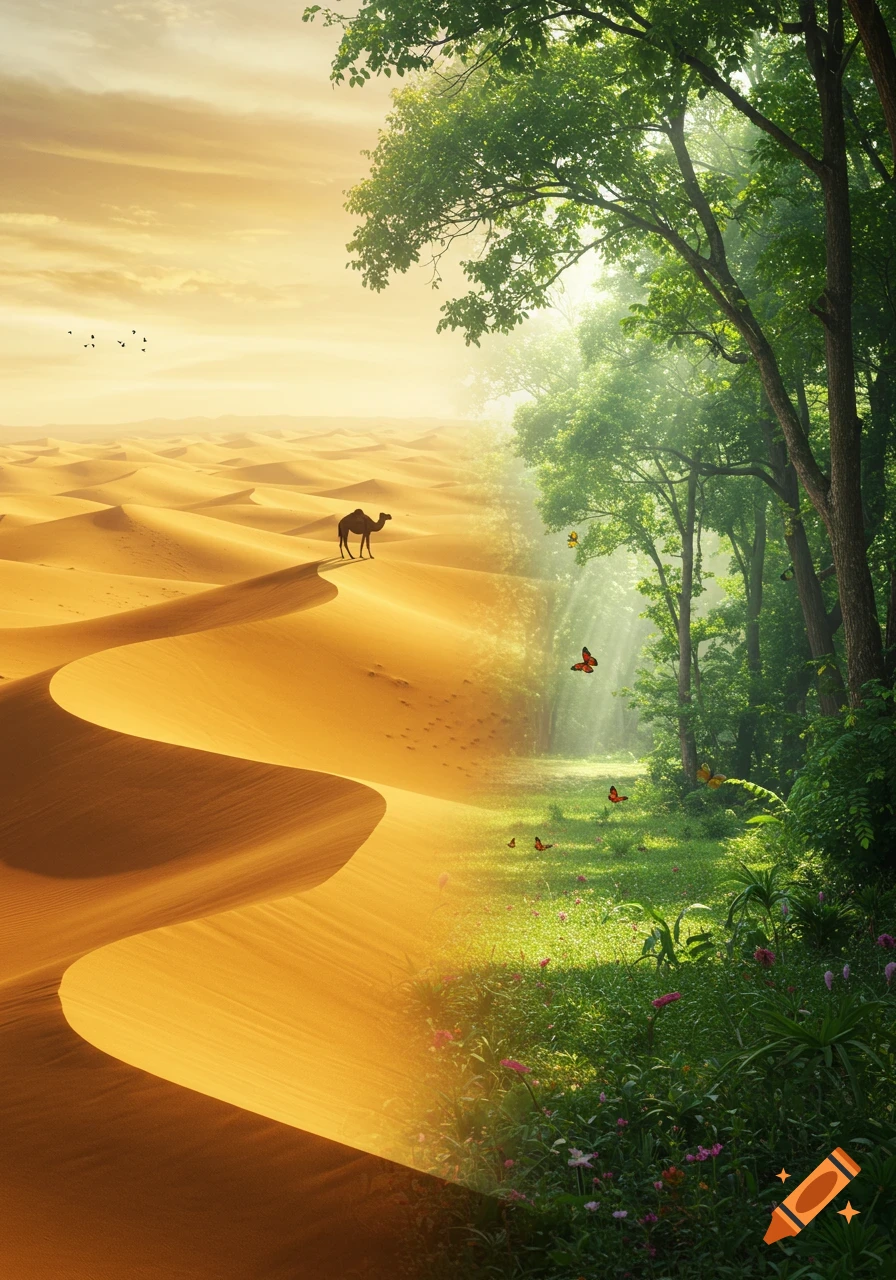 Photorealistic image of a landscape split down the middle: desert dunes with a camel on the left, lush green forest with butterflies on the right.