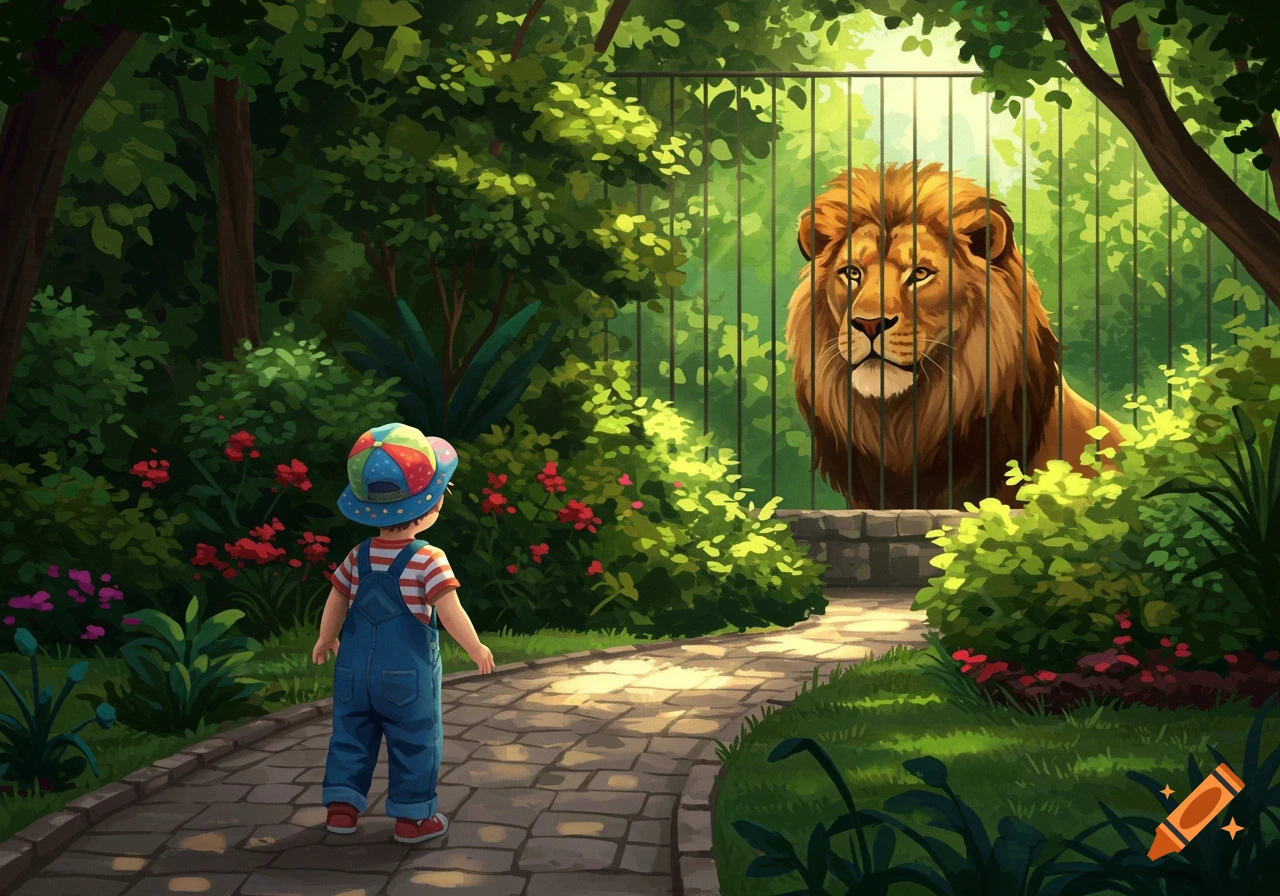 Illustrated scene of a child in overalls and a colorful hat, viewing a majestic lion behind a fence in a lush, green zoo.