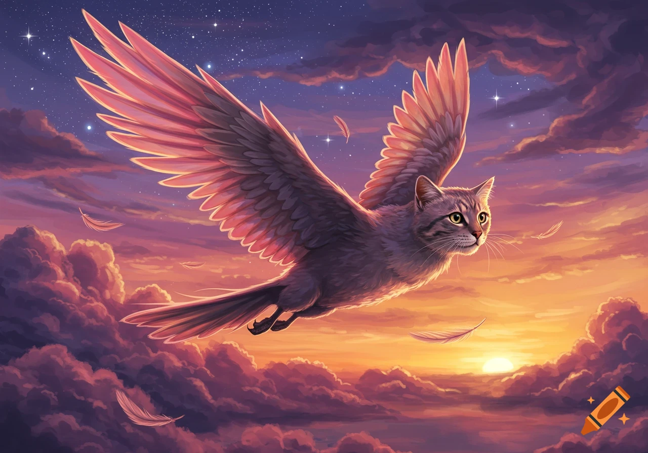 A majestic winged cat with tabby markings soars through a vibrant sunset sky filled with pink and purple clouds.