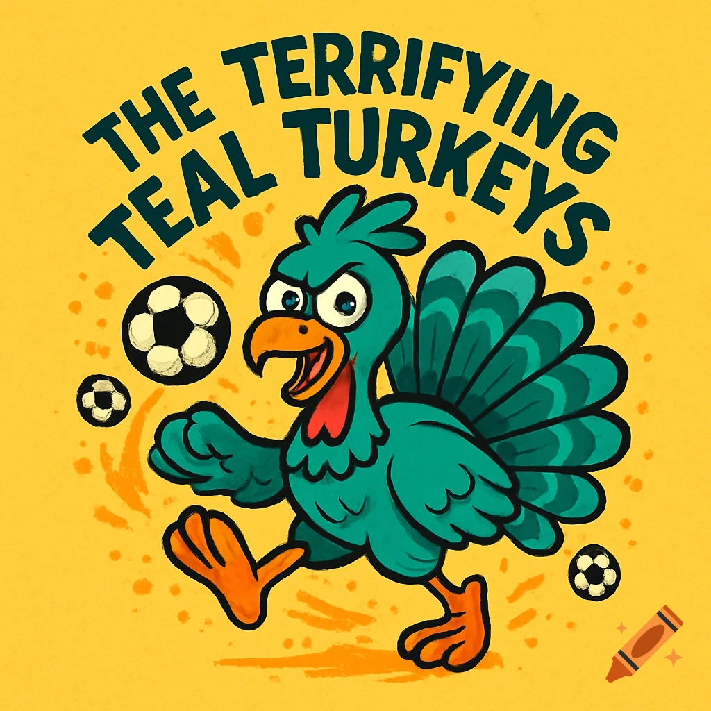 Cartoon logo of a teal turkey playing soccer, with "THE TERRIFYING TEAL TURKEYS" text.