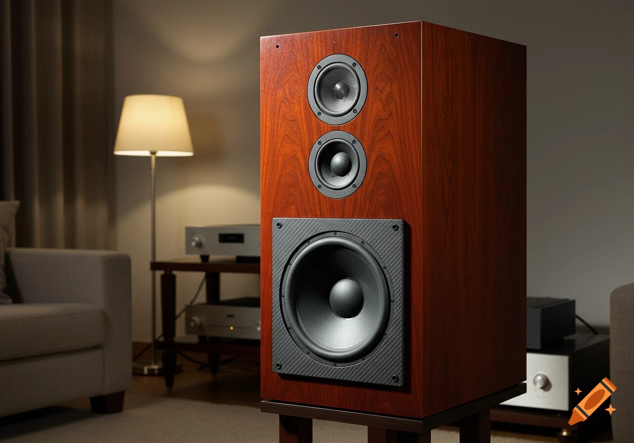 A photorealistic image of a reddish-brown wooden loudspeaker with a woofer, midrange, and tweeter, in a cozy living room.