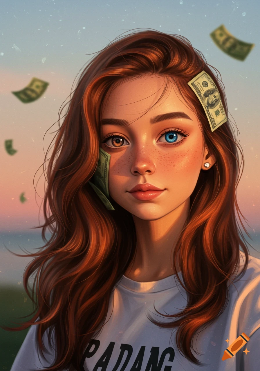 Stylized portrait of a young girl with reddish-brown hair, heterochromatic eyes, and dollar bills tucked into her hair and on her face.