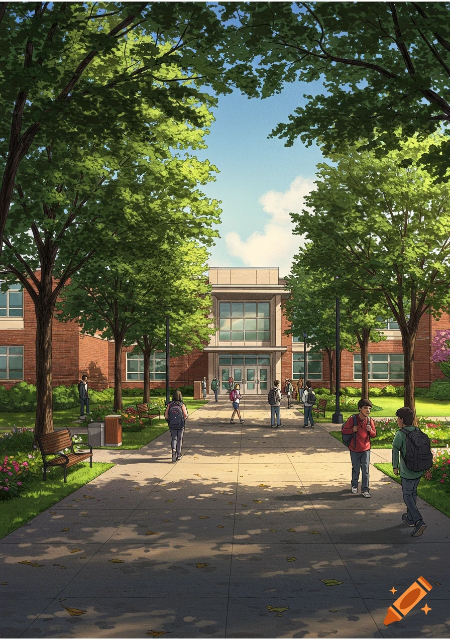 An illustrated view of students walking on a sunny path towards a brick school building lined with green trees.