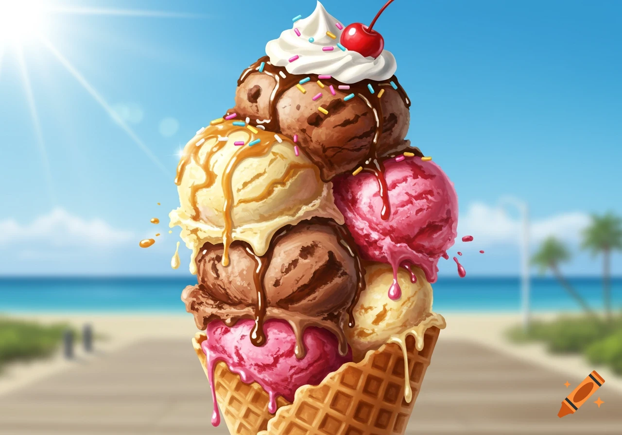 Illustrative image of a towering, melting ice cream cone with multiple scoops and toppings on a sunny beach.