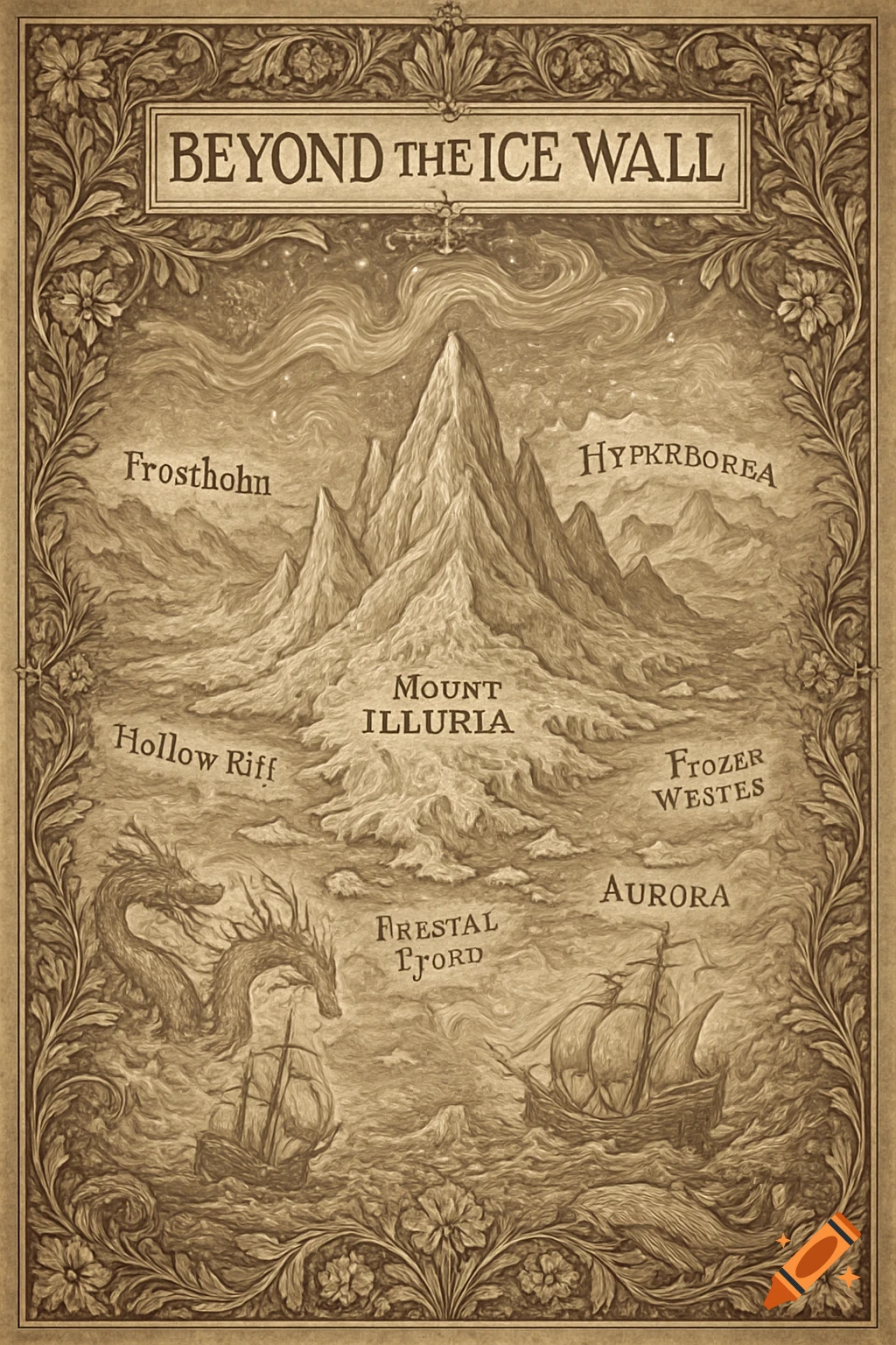 A sepia-toned fantasy map featuring a central mountain range, sea, ships, a sea dragon, and stylized place names within an ornate border.