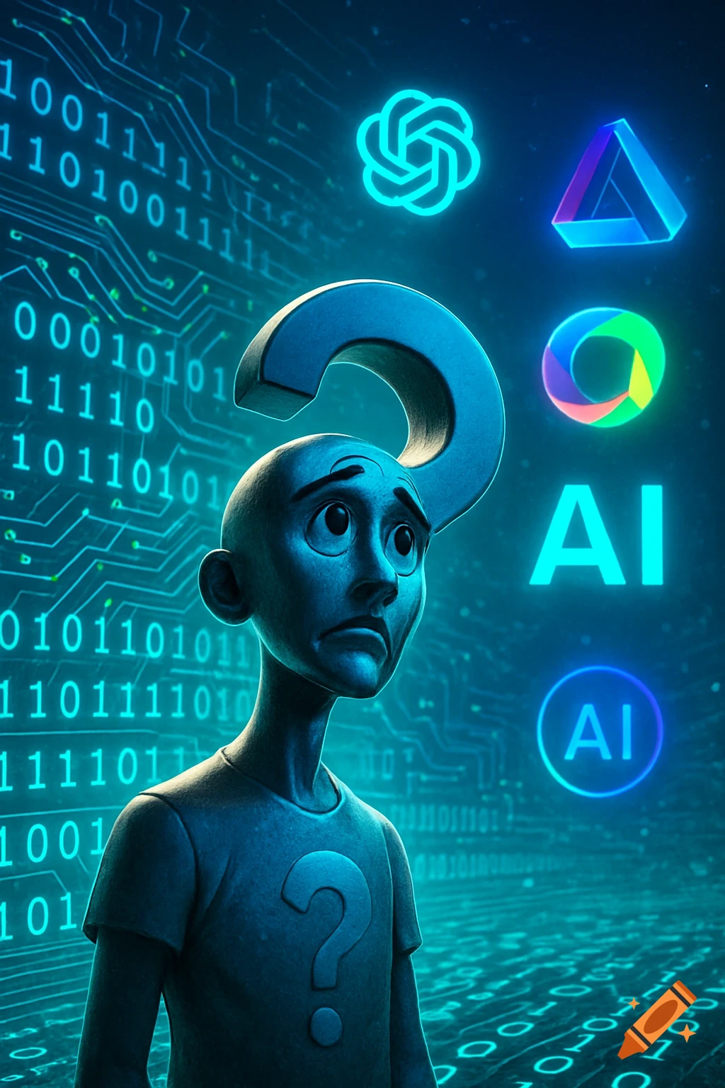 A stylized, worried cartoon figure with a question mark on its head and shirt, surrounded by binary code and glowing AI logos like OpenAI, against a circuit board background.