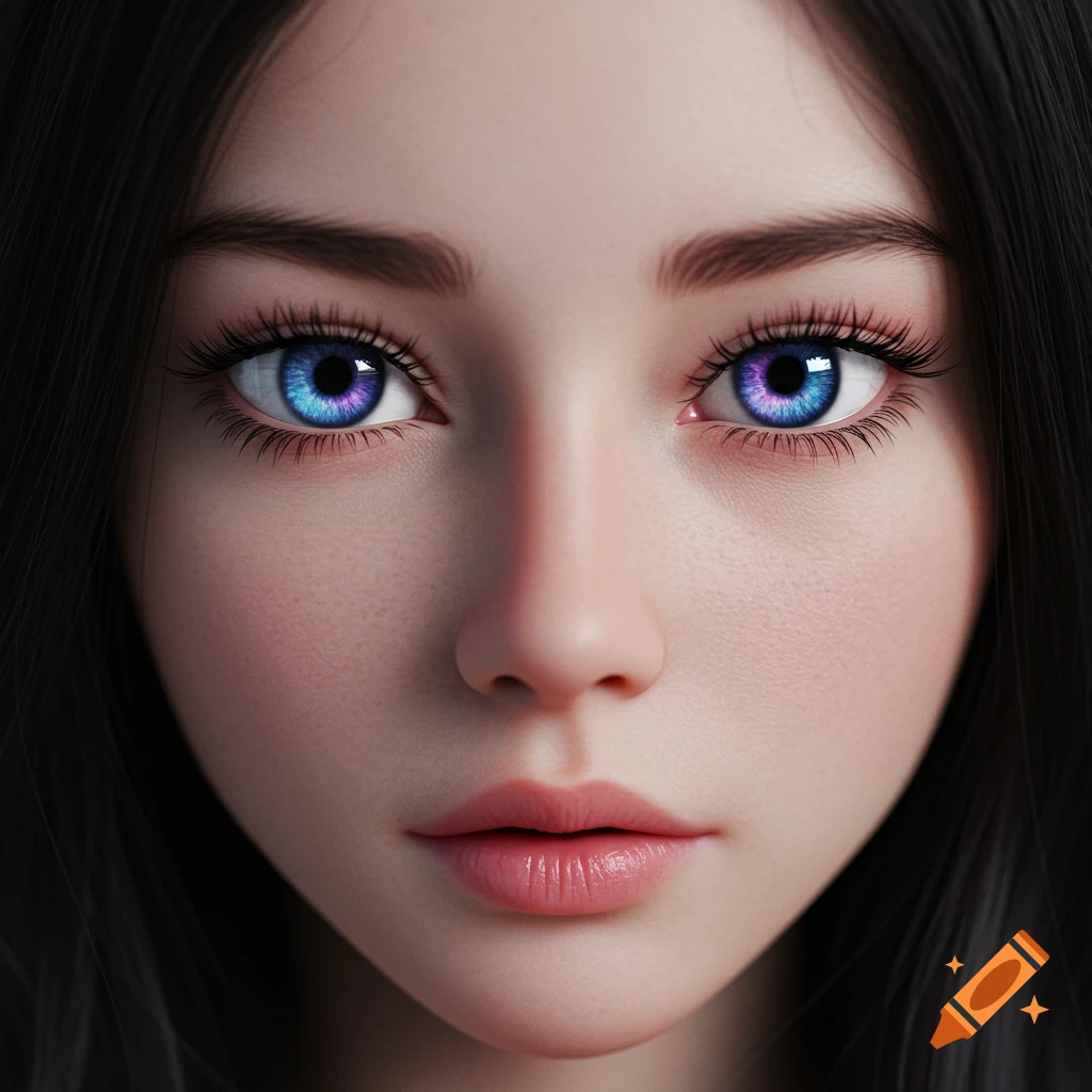 Close-up of a beautiful anime-style girl with pale skin, dark hair, and large blue eyes with purple gradients.