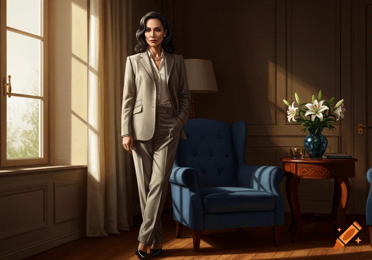 Photorealistic portrait of a stern woman in a beige suit standing in a sunlit formal room with a blue armchair.