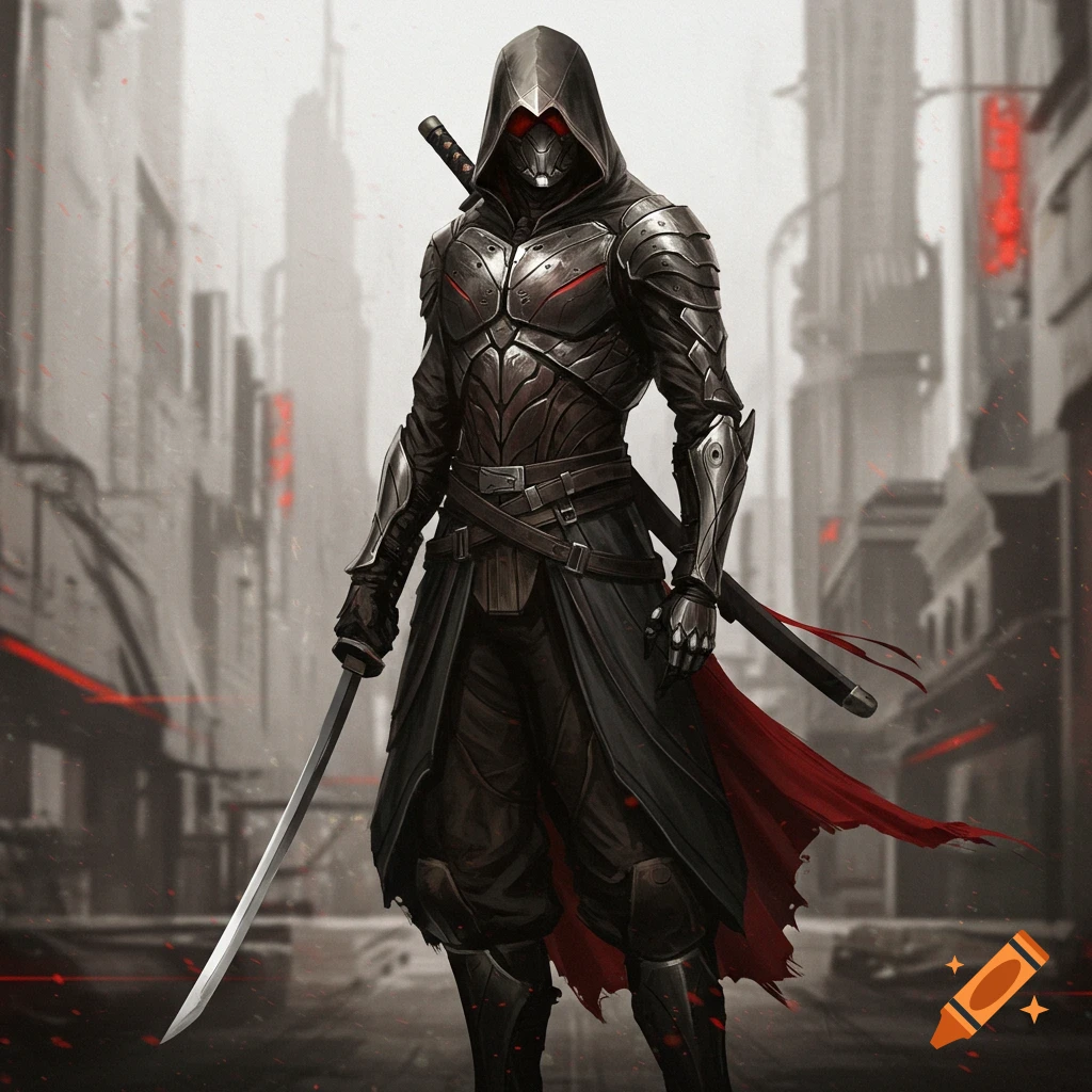 A hooded assassin in dark, futuristic armor stands with a katana in a gritty, dystopian cityscape, styled like Yoji Shinkawa art.