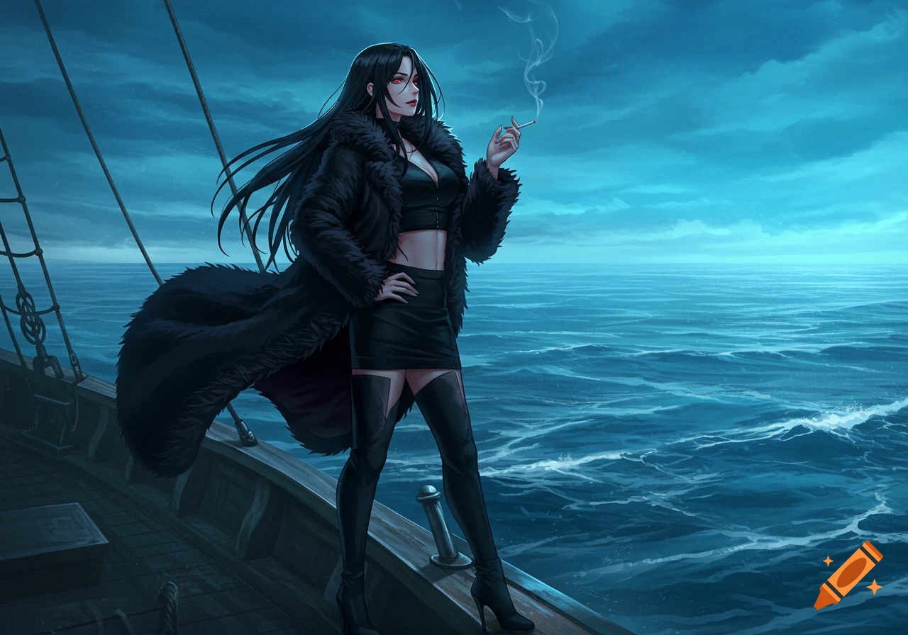 Anime woman with long black hair and red eyes, in a black fur coat and crop top, stands on a ship, smoking, looking at the dark blue sea.
