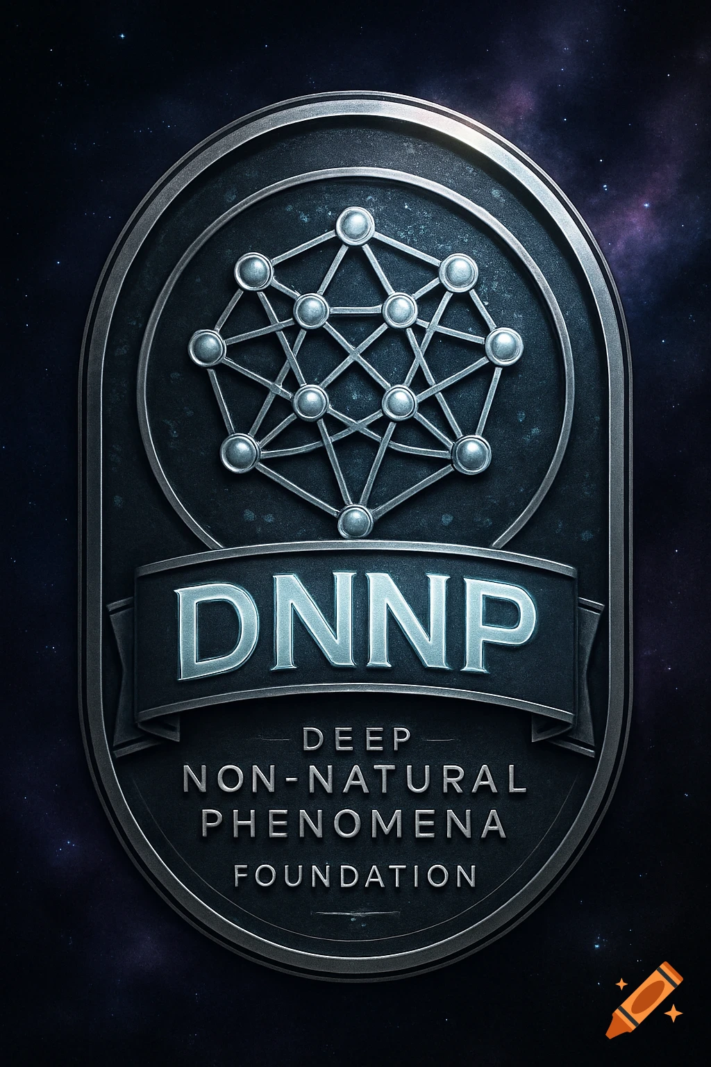 Dark metallic oval badge with a neural network symbol and 'DNNP Deep Non-Natural Phenomena Foundation' text on a starry background.