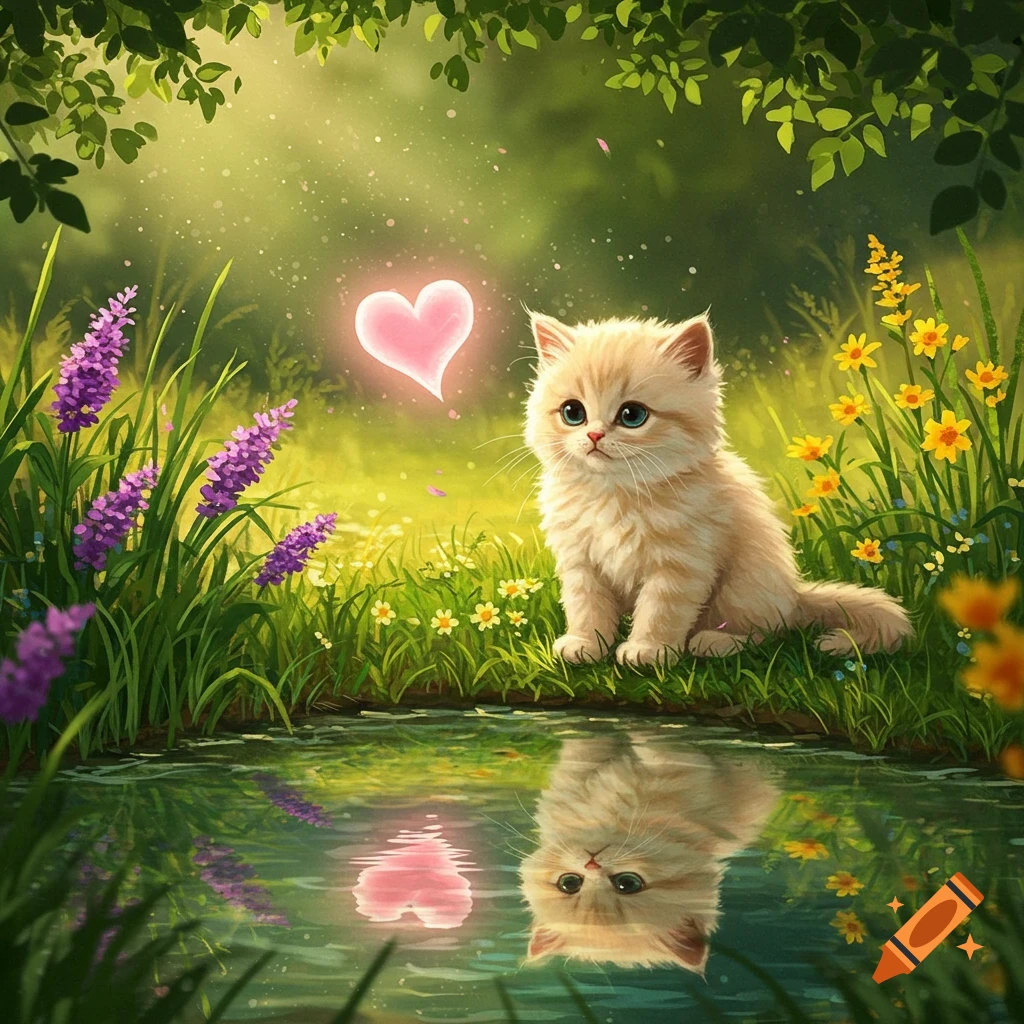 A fluffy, light orange kitten with blue eyes sits by a pond in a lush green garden with flowers, a glowing pink heart floats above it, reflected in the water.