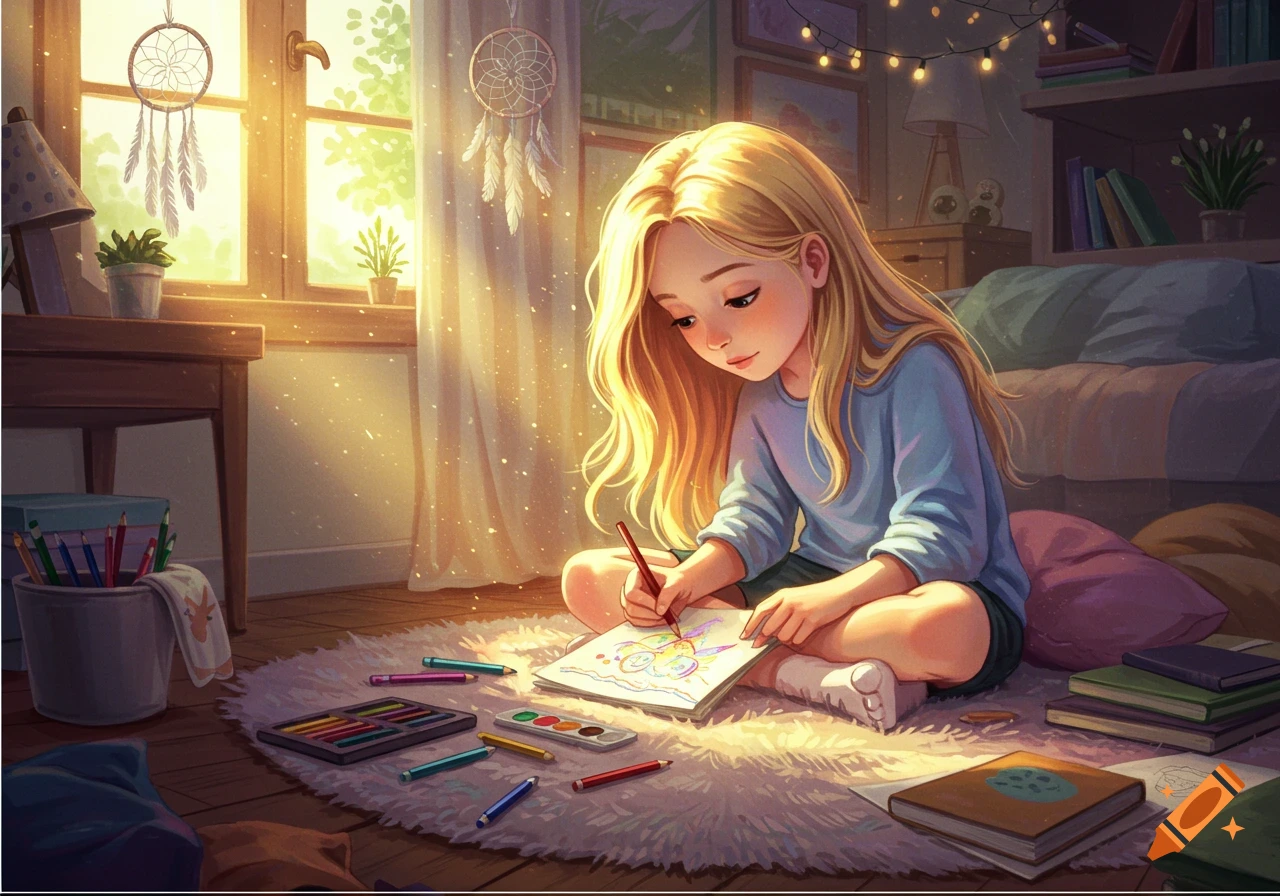 A blonde girl sitting on a fluffy rug, drawing on paper with crayons in a sunlit room decorated with dreamcatchers. Illustrated style.