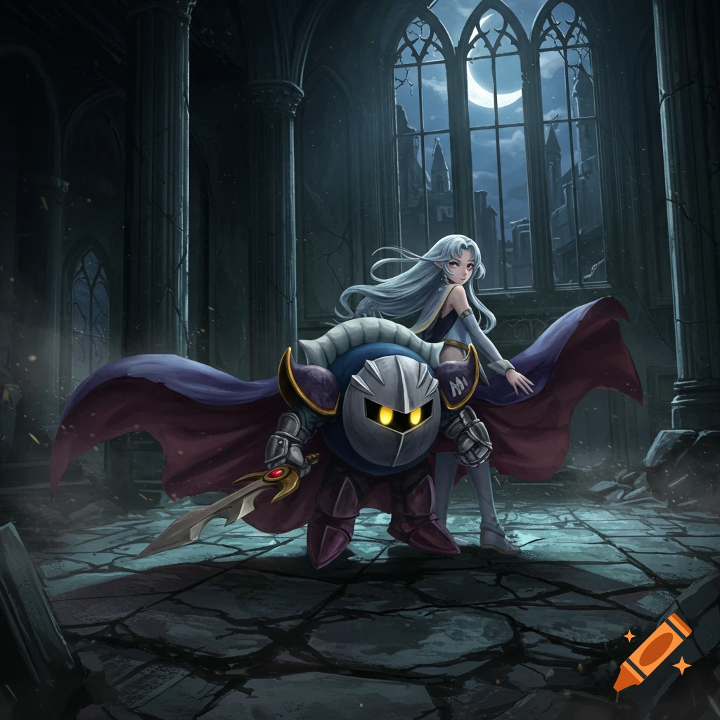 Anime art of Meta Knight and an elf-like woman in a ruined gothic castle at night under a crescent moon.
