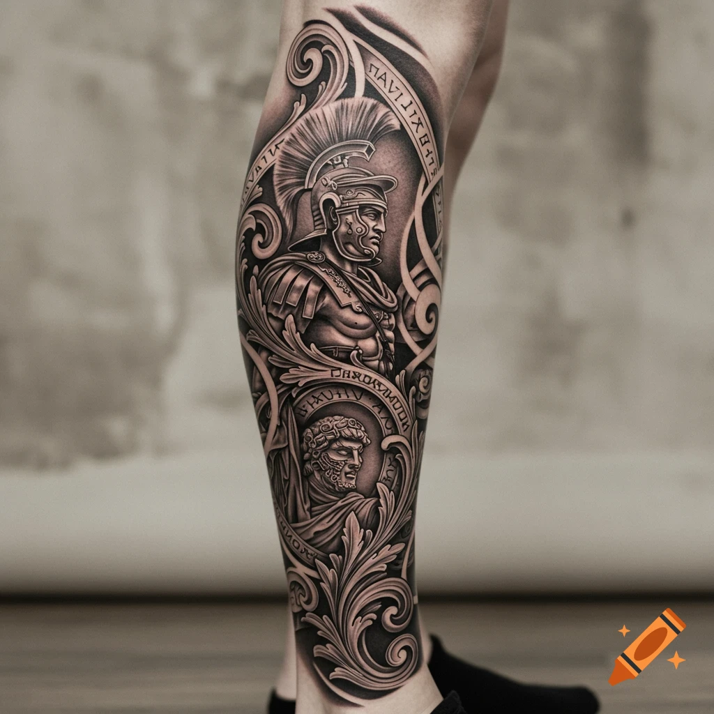 Detailed black and grey Roman-themed tattoo on a leg, featuring a warrior in armor and a sculpted bust framed by ornate scrolls.