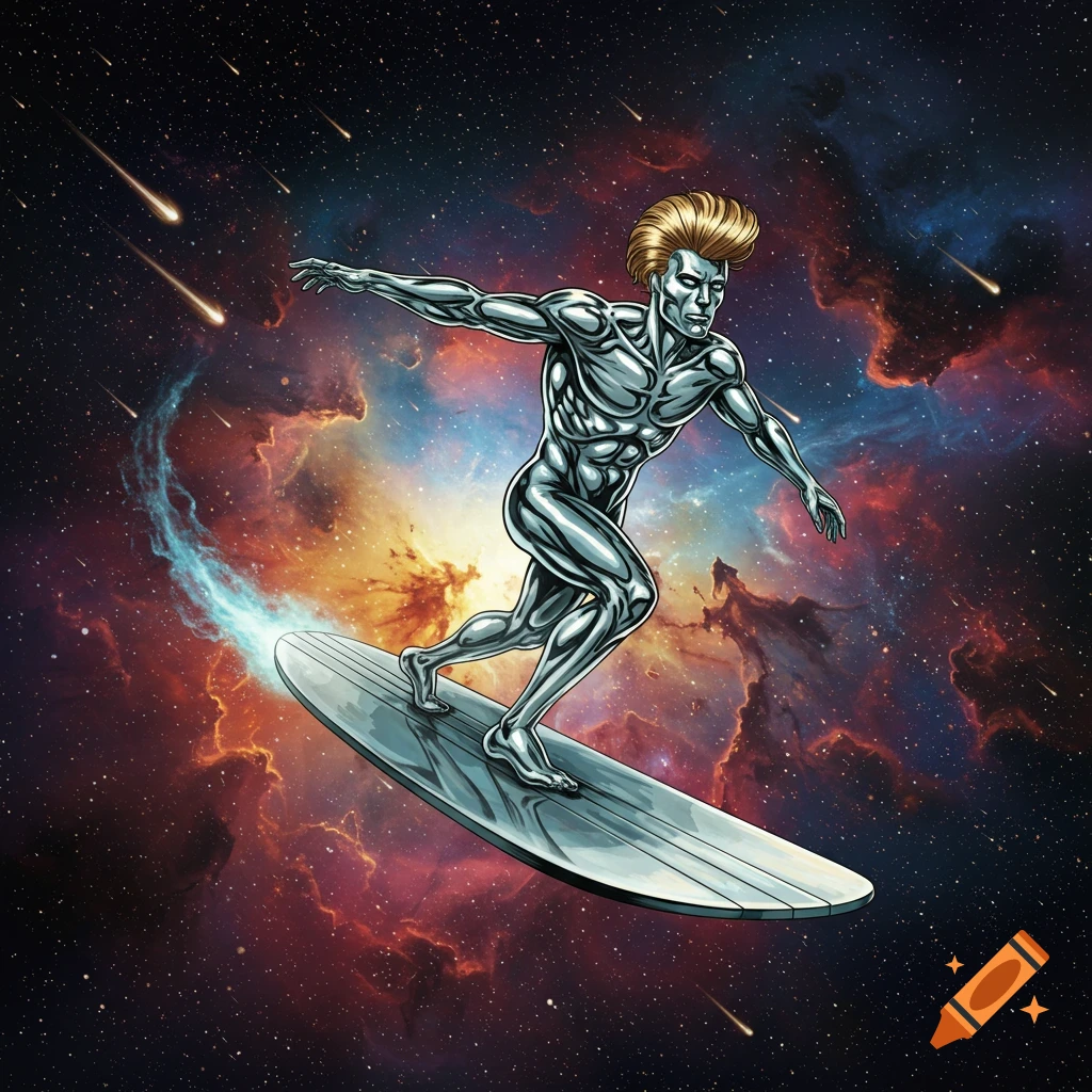 A comic art illustration of a silver-skinned man with a blond mullet surfing on a metallic board through a colorful space nebula with shooting stars.