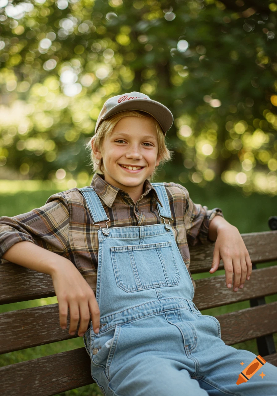 A smiling boy in a plaid shirt, denim overalls, and a baseball cap sits on a park bench, looking at the camera. Photorealistic.