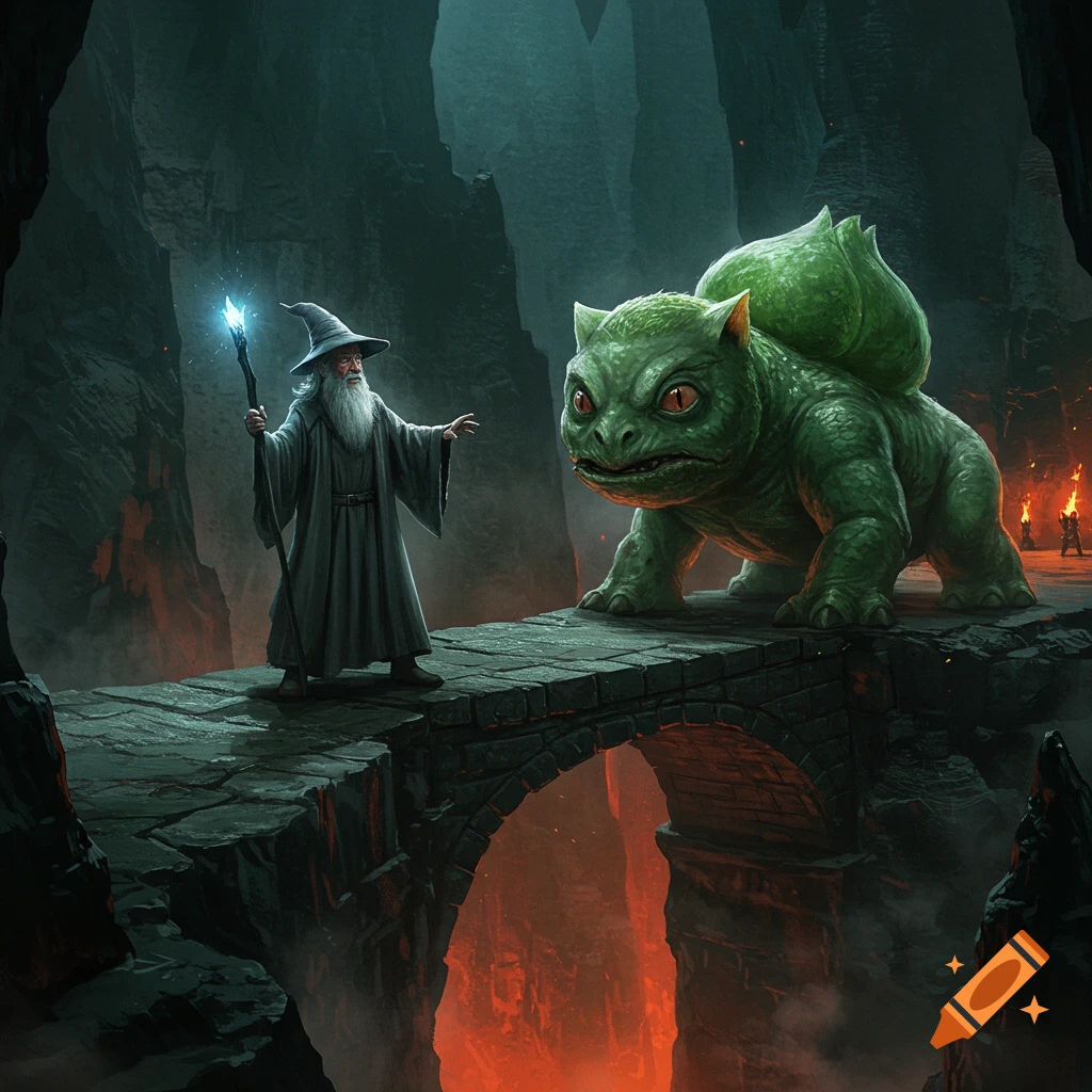 A wizard faces a giant, realistic Bulbasaur on a stone bridge over a fiery pit in a dark cave.