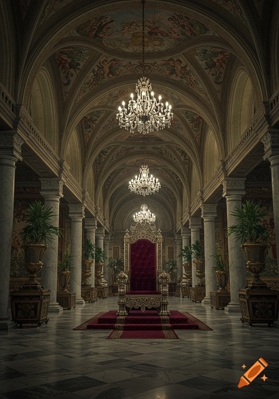 Ornate, grand hall with a red velvet throne, chandeliers, marble pillars, and frescoed vaulted ceilings.